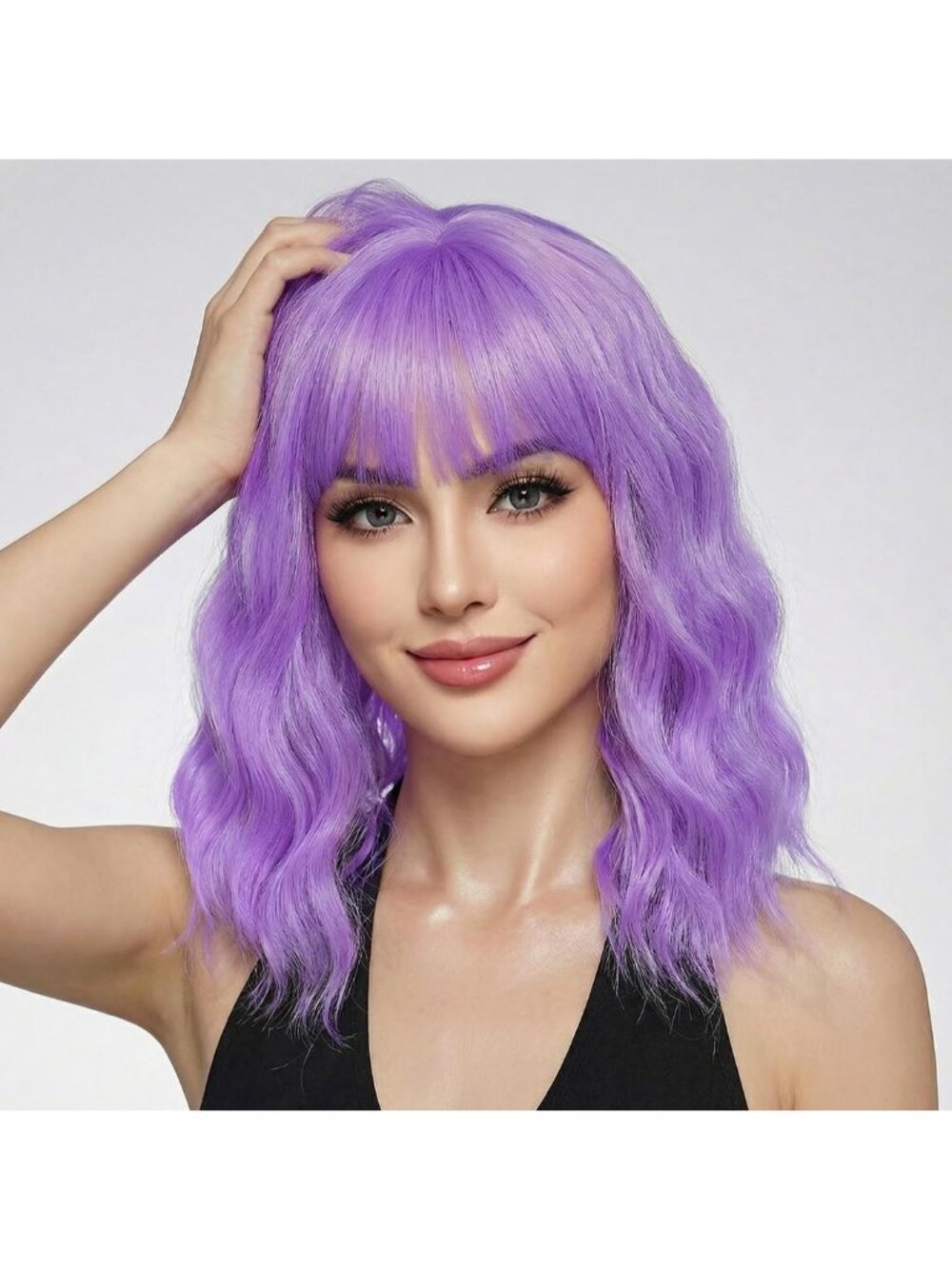 Women's Purple 14 Inch Short Shoulder Length Synthetic Bangs Wavy Bob Wig